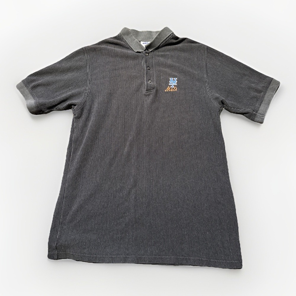 Vintage 90s New York Mets Polo Shirt L CSA MLB‎ Gray Striped Embroidered Logo